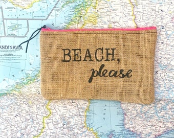 Beach, Please Burlap Clutch: Upcycled with billboard lining