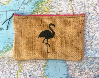 Flamingo Burlap Clutch: Upcycled with billboard lining