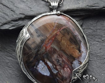 Petrified Wood Pendant,Double sided pendant,Petrified Wood necklace,silver jewelry,chakra necklace,Metalwork pendant,Healing pendant