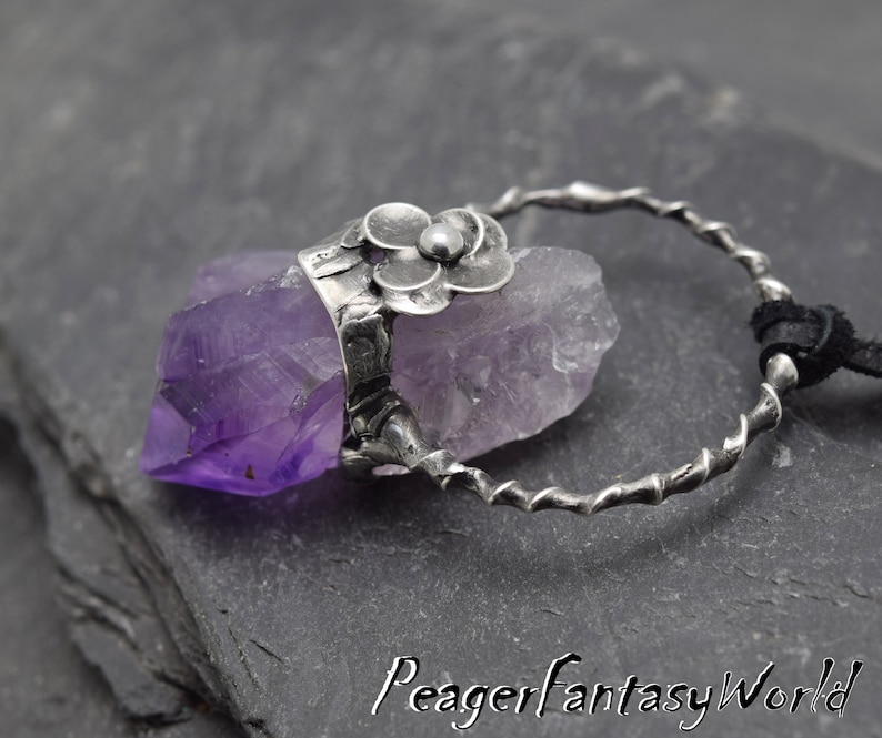 Amethyst necklace,Rough Amethyst,Oxidized necklace,Amethyst jewelry,Metalwork old style pendant,Women pendant,flower pendant,silver pendant