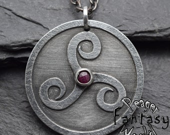 Ruby pendant,Triskelion Pendant,silver necklace,Celtic pendant,soldered necklace,Fashion pendant,Engraved pendant,Old style pendant
