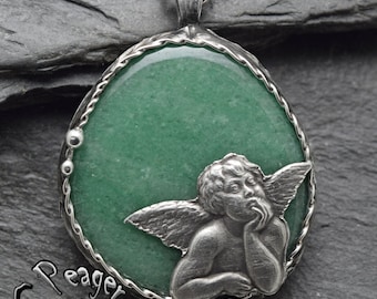 Aventurijnhanger, engelenhanger, gegraveerde hanger, mode-sieraden, zilveren hanger, chakra-hanger, genezende hanger, groene aventurijnketting