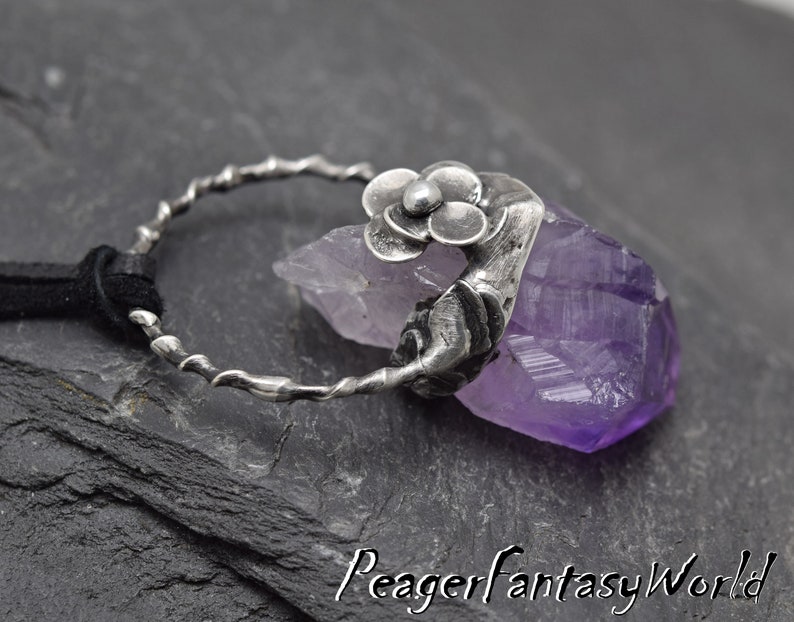 Amethyst necklace,Rough Amethyst,Oxidized necklace,Amethyst jewelry,Metalwork old style pendant,Women pendant,flower pendant,silver pendant
