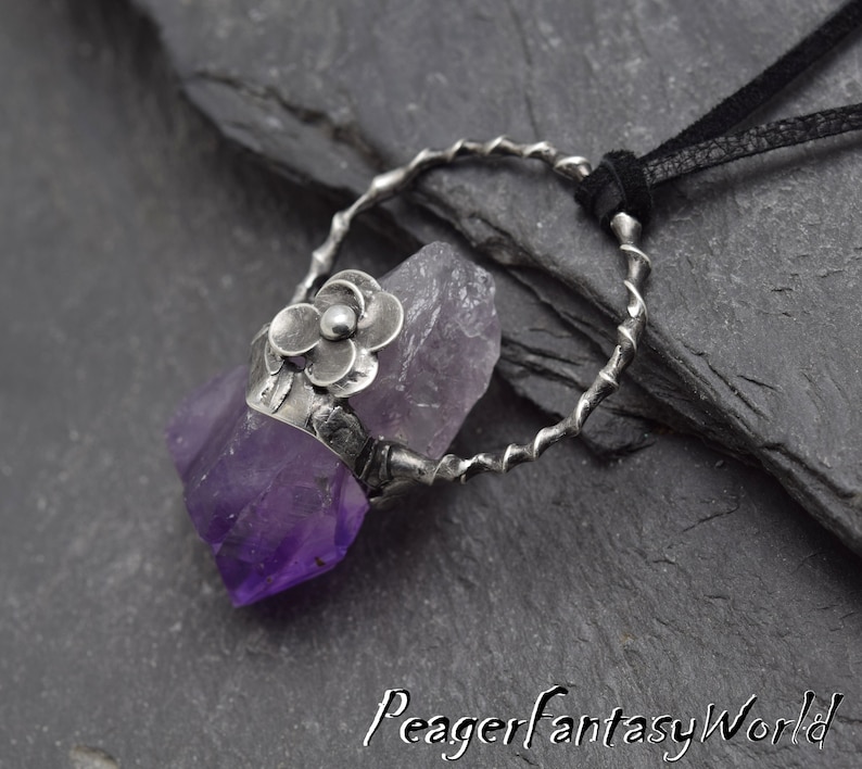 Amethyst necklace,Rough Amethyst,Oxidized necklace,Amethyst jewelry,Metalwork old style pendant,Women pendant,flower pendant,silver pendant