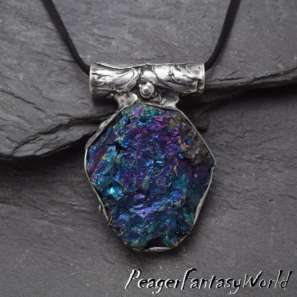 Grezzo di calcopirite pendente, ciondolo in argento, ciondolo di metallo, Chalkopyrite collana, pendente uomini, donne ciondolo, ciondolo Multicolor, moda uomo
