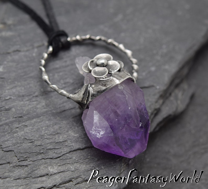 Amethyst necklace,Rough Amethyst,Oxidized necklace,Amethyst jewelry,Metalwork old style pendant,Women pendant,flower pendant,silver pendant