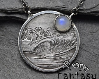 Colgante de ola de mar, colgante de piedra lunar, collar de plata, colgante de mar de palma, collar soldado, colgante de moda, colgante grabado, colgante de surfista