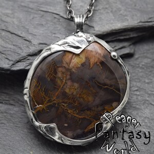 Petrified Wood Pendant,Double sided pendant,Petrified Wood necklace,silver jewelry,chakra necklace,Metalwork pendant,Healing pendant image 1