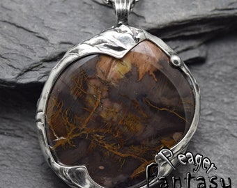 Petrified Wood Pendant,Double sided pendant,Petrified Wood necklace,silver jewelry,chakra necklace,Metalwork pendant,Healing pendant