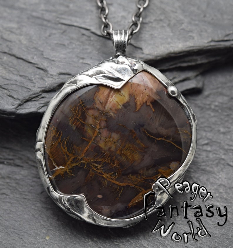 Petrified Wood Pendant,Double sided pendant,Petrified Wood necklace,silver jewelry,chakra necklace,Metalwork pendant,Healing pendant image 1