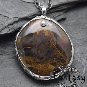 Petrified Wood Pendant,Double sided pendant,Petrified Wood necklace,silver jewelry,chakra necklace,Metalwork pendant,Healing pendant image 2