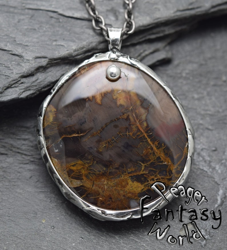 Petrified Wood Pendant,Double sided pendant,Petrified Wood necklace,silver jewelry,chakra necklace,Metalwork pendant,Healing pendant image 2