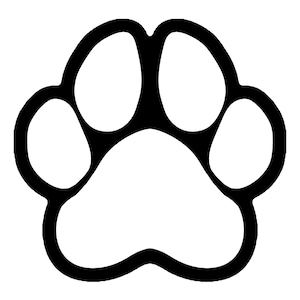 May include: A black and white paw print graphic. The paw print is a stylized representation of a dog or cat paw, with five distinct pads and a thick black outline. The design is simple and bold, suitable for various applications.
