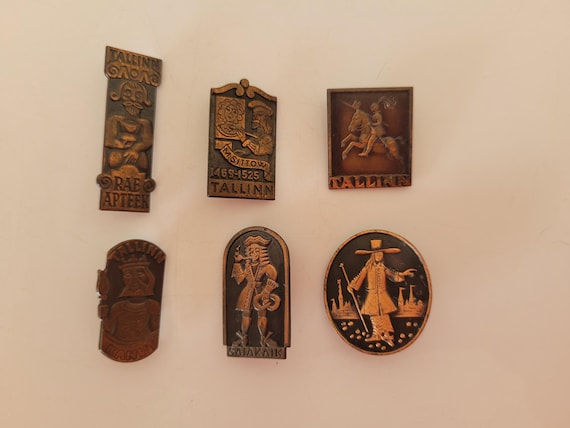 Vintage Estonian Copper Pins Set: Tallinn Historic Figures, 1970s