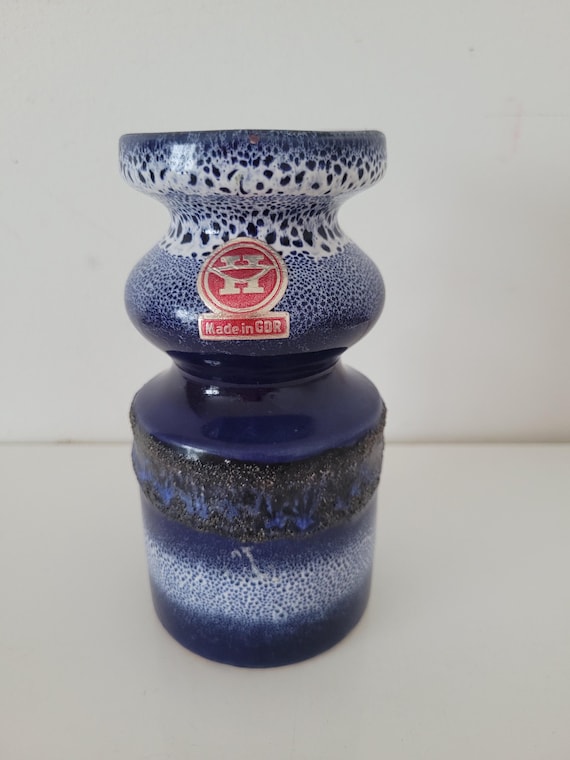 Vintage VEB Haldensleben Blue Fat Lava Vase East Germany
