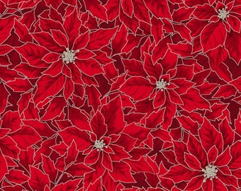 Hoffman Fabrics Holiday Elegance Crimson Silver Poinsettia Cotton Fabric V7172-10S-Crimson-Silver