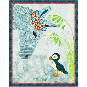 May include: A blue and white patterned donkey with a floral crown looks down at a small black and white puffin with orange beak and feet. The donkey and puffin are on a light blue background with green leafy plants.