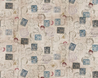 May include: A beige background with a repeating pattern of blue and black postage stamps, handwritten script, and pink floral accents. The stamps feature numbers, dates, and the words "Paris" and "France".