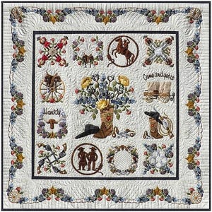 May include: A white quilt with a variety of embroidered designs, including cowboys, horses, flowers, and wagons. The quilt has a black border and a white background. The text "Howdy" and "Come and get it" are embroidered on the quilt.