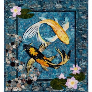 May include: A square, quilted artwork featuring two koi fish swimming in a blue pond. One koi is yellow, the other is black and orange. The pond has lily pads and pink flowers. The artwork is framed with a dark blue border.