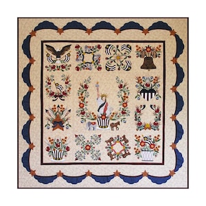 May include: A patriotic quilt with a cream background and a blue and red border. The quilt features a variety of American symbols, including stars, stripes, a liberty bell, a bald eagle, and a wreath of flowers.