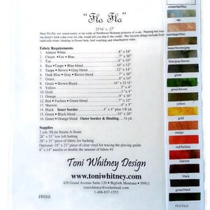 May include: A sewing pattern for a quilt featuring a cat named "Flo Flo". The pattern includes a list of fabric requirements and colors, along with the measurements for each piece. The pattern is by Toni Whitney Design.