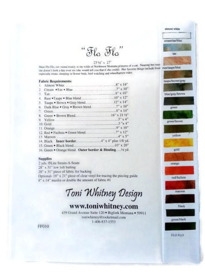 May include: A sewing pattern for a quilt featuring a cat named "Flo Flo". The pattern includes a list of fabric requirements and colors, along with the measurements for each piece. The pattern is by Toni Whitney Design.