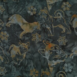 May include: A seamless pattern featuring a dark blue background with a repeating design of stylized dogs and snowflakes in shades of brown and gold.