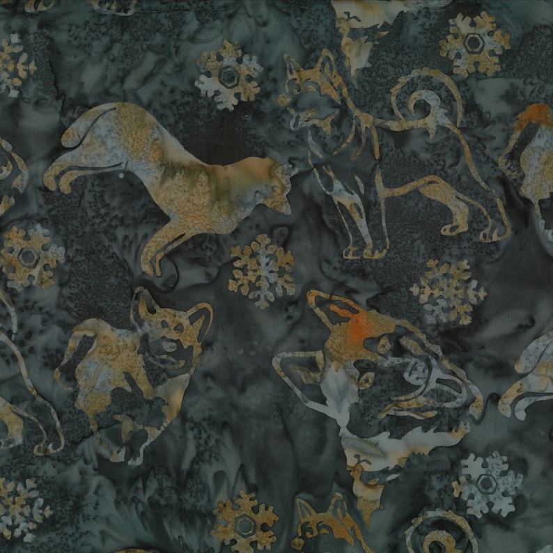 May include: A seamless pattern featuring a dark blue background with a repeating design of stylized dogs and snowflakes in shades of brown and gold.