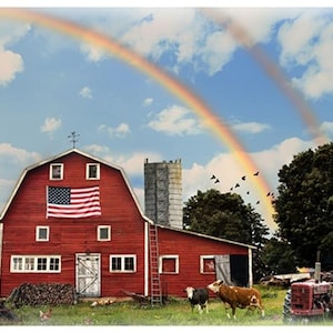 Hoffman Fabrics Sun Up to Sun Down Rainbow Barn Cotton Fabric Panel T4888-16-Sky