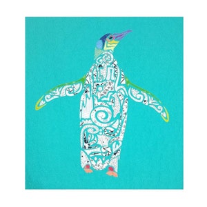 May include: A white penguin with a blue and green patterned design on a turquoise background.