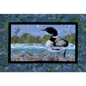 May include: A black and white loon with a red eye floats in a blue lake with orange fish swimming below. The loon is surrounded by green trees and a blue sky with dragonflies.