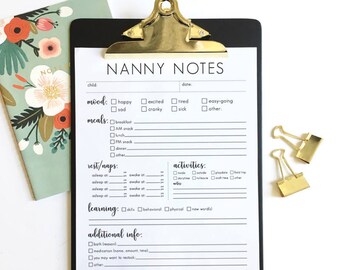 nanny notes - nanny information sheet - printable instant download - DIY - simple - nanny form - babysitter info - sitter - daycare report