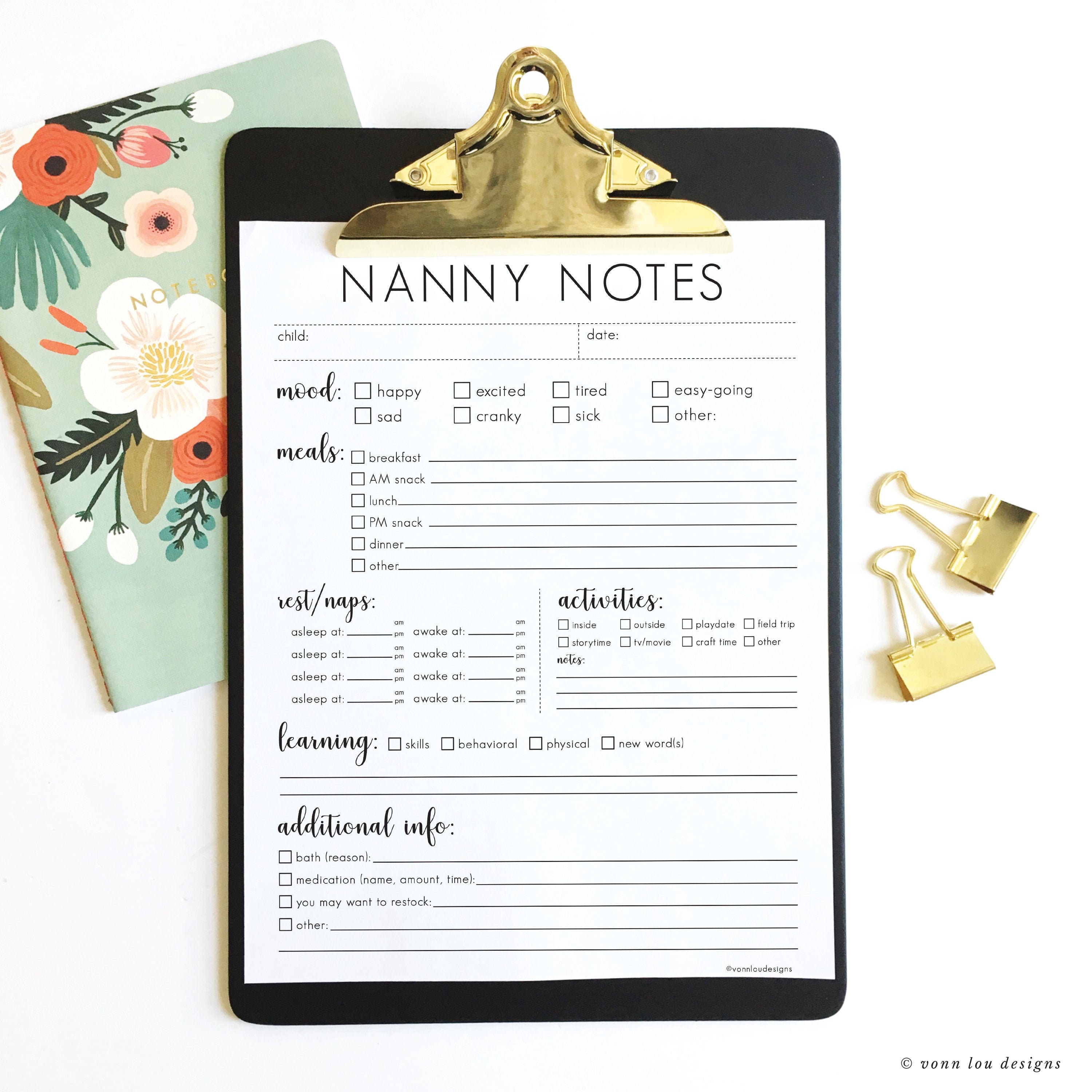 nanny notes - nanny information sheet - printable instant download - DIY -  simple - nanny form - babysitter info - sitter - daycare report Pertaining To Nanny Notes Template