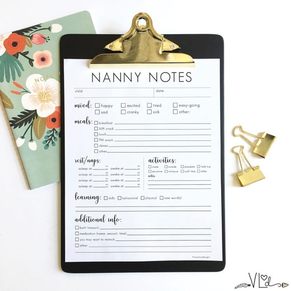 nanny notes nanny information sheet printable instant download diy simple nanny form babysitter info sitter daycare report babysitter info sheet printable