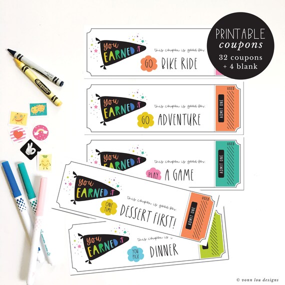 Kids reward coupons printable rainbow hand illustrated Etsy