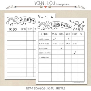 Homework Chart Printable Instant Download DIY Hand - Etsy