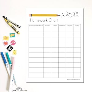 homework chart - printable instant download - DIY - hand illustrated - children's weekly homework and responsibilities - kindergarten