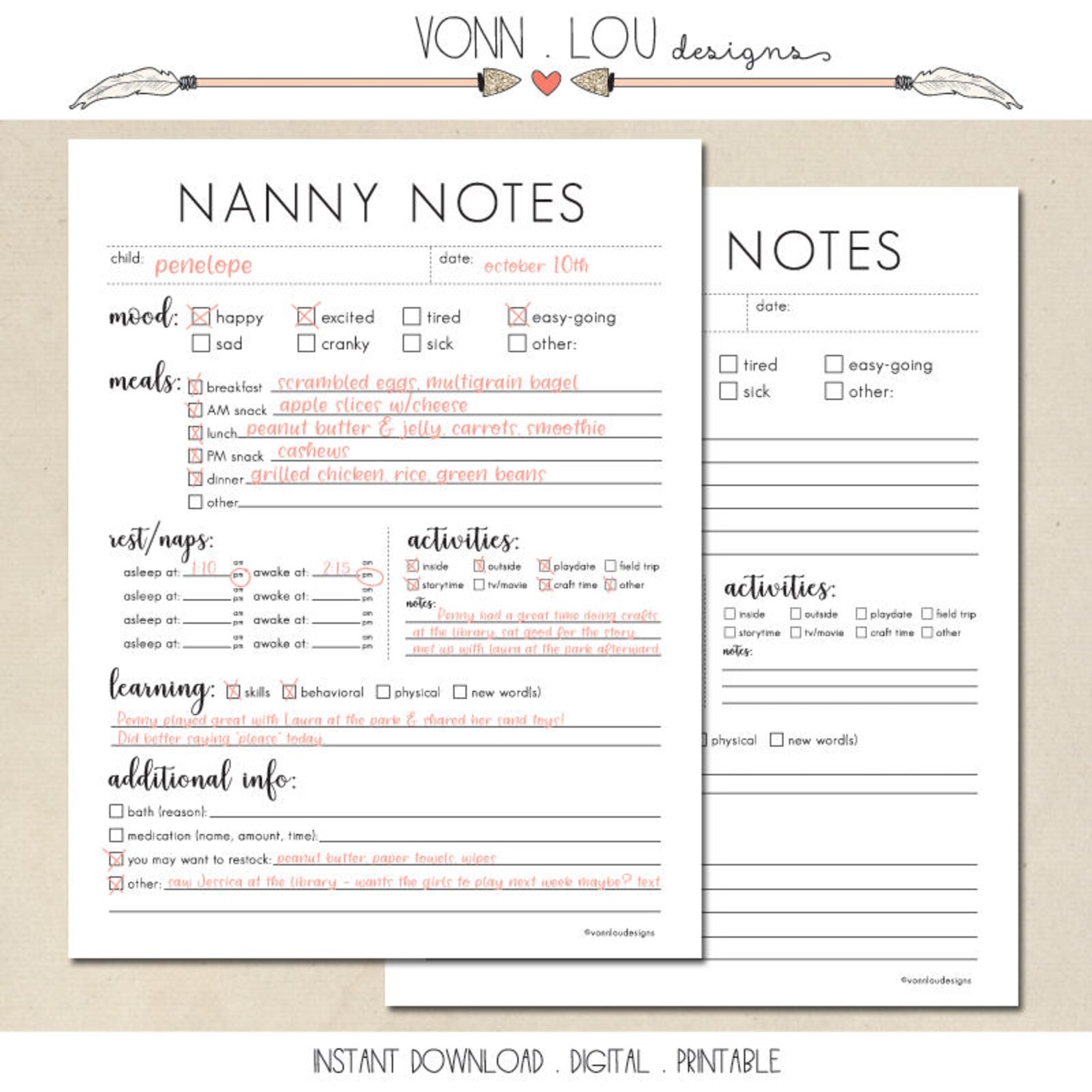 Nanny notes nanny information sheet printable instant | Etsy