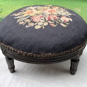 Antique round needlepoint footstool 15 inches in diameter c1920