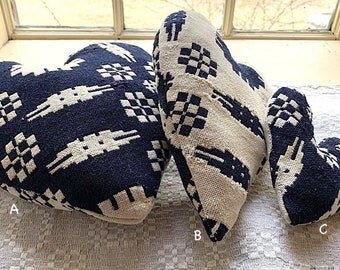 Heart pillow/pincushions antique coverlet fragment blue-black and cream