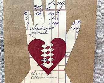 Handgemachte Herz-in-Hand-Valentinstagskarte: Liebes-Token aus gewebtem Ledger-Papier