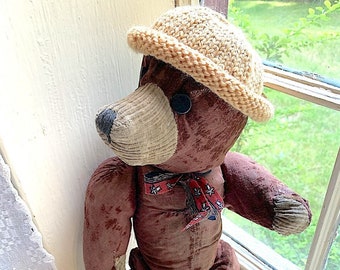 Antik Französischer Teddybär braun Samt beige Cord Stroh gefüllt voll gelenkt Knopf Augen ohrlos