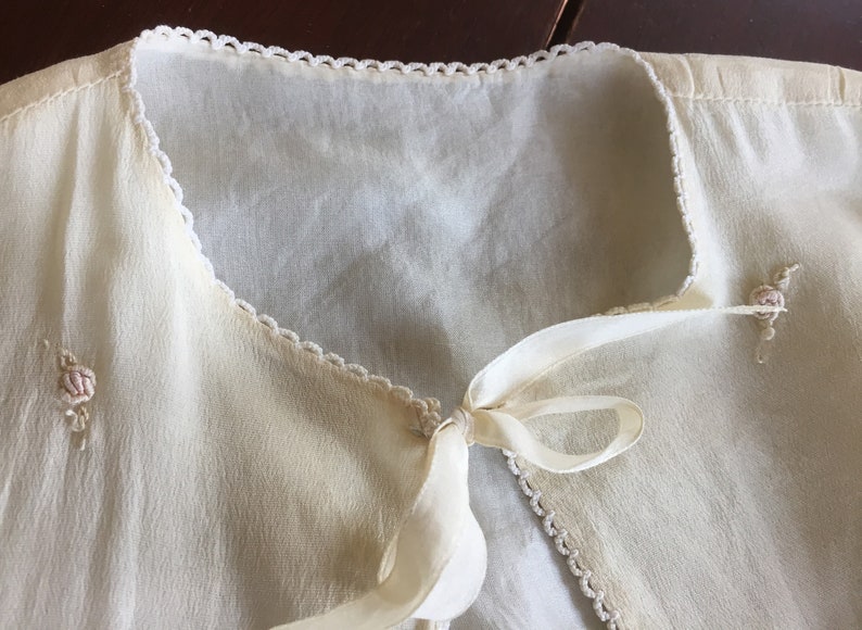 Vintage silk lined cream colored layette robe infant gown embroidery ribbon ties c1940