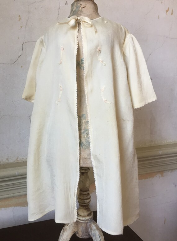 Vintage silk lined cream colored layette robe infant gown embroidery ribbon ties c1940