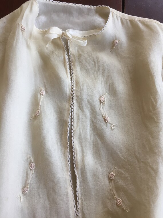 Vintage silk lined cream colored layette robe infant gown embroidery ribbon ties c1940