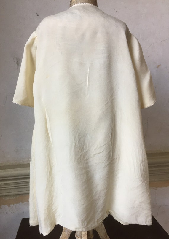 Vintage silk lined cream colored layette robe infant gown embroidery ribbon ties c1940