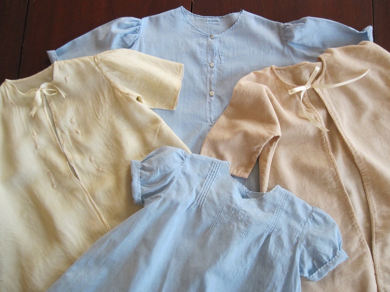 Vintage silk lined cream colored layette robe infant gown embroidery ribbon ties c1940