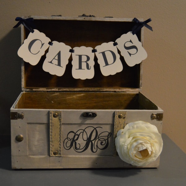 Medium Vintage Wedding Card Holder w/ Banner and Monogram Vintage Trunk Wedding Box with Custom Monogram Medium Trunk Card Box A2A
