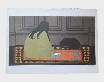Litografía antigua del siglo XX firmada y titulada por Will Barnet "Diálogo en verde".